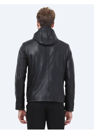 Kip Siyah Regular Fit Kapüşonlu Smart Casual Koyun Derisi Deri Mont