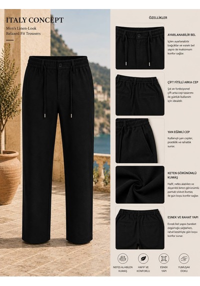 Danger Erkek Pamuk Viskon Kumaş Keten Görünümlü Siyah Slim Fit Pantolon - 216dngr