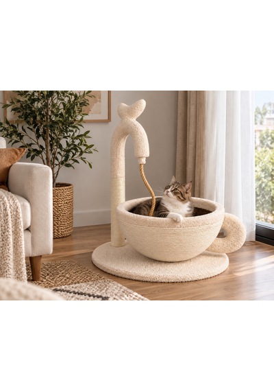 Pureza Kahve Fincanı Tasarımlı Kedi Yatağı, Sisal Tırmalama Direkli & Oyuncaklı Peluş Kedi Dinlenme Alanı