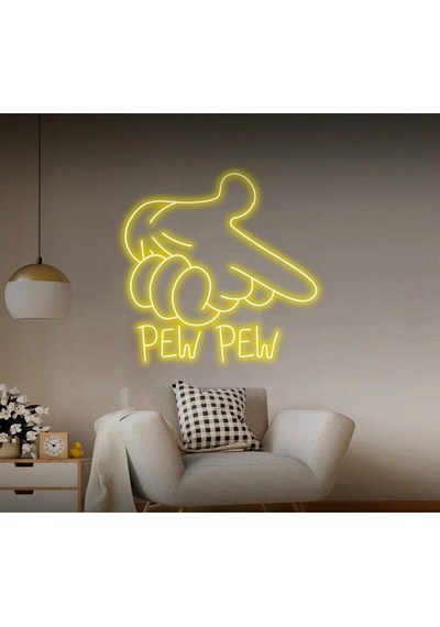 Pew Pew Yazılı Ve Şekilli Neon Tabela Sarı