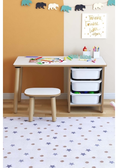 Çocuk Çalışma Masası 90x45 Cm 3 Sepetli Çocuk Masa Tabure Seti Oyun & Aktivite Masası Çok Renkli