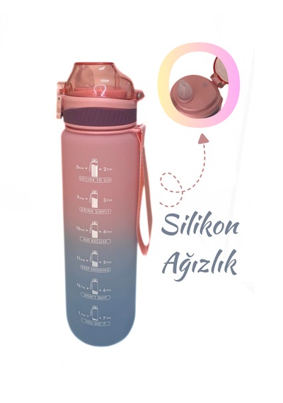 1000 Ml Plastik Motivasyon Matarası Pipetli, Kilitli Ve Taşıma Kulplu Açık Pembe - Mavi