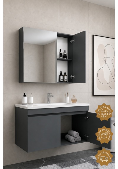 Teta Home Tokyo 100 Cm Mdf Banyo Dolabı Seti Antrasit Teta Home Tokyo 100 Cm Mdf Banyo Dolabı Seti Antrasit