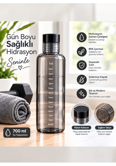 Çemi Motivasyonel Zaman Çizelgeli Cam Su Matarası Sızdırmaz Kapak Şeffaf Su Şişesi Siyah