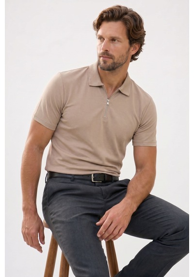 Tudors Erkek Slım Fit Dar Kesim Ekstra Soft Modal Kumaş Kısa Kollu Yarım Fermuarlı Bej Polo Yaka Tişört-51038
