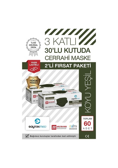 Saytekmed Meltblown Filtreli, Yassı İpli, 3 Katlı Koyu Yeşil Maske (60 Adet/2 Kutu)