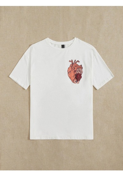 Kadın Beyaz Oversize Kalp Baskılı Örme T-shirt Beyaz Kadın Beyaz Oversize Kalp Baskılı Örme T-shirt Beyaz