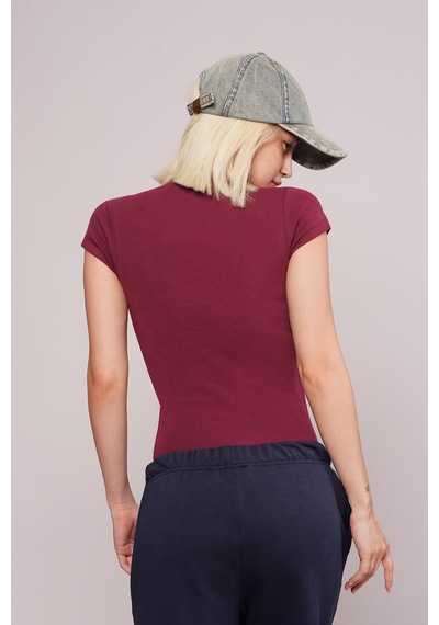 Bordo Bisiklet Yaka Basic Kadın T-shirt Mg2479 Bordo