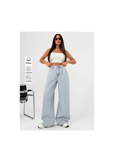Kene Jeans Yüksek Bel Buz Kar Ön Arka Pensli Ön İşlemli Baggy Bol Paça Jeans Buz Kar