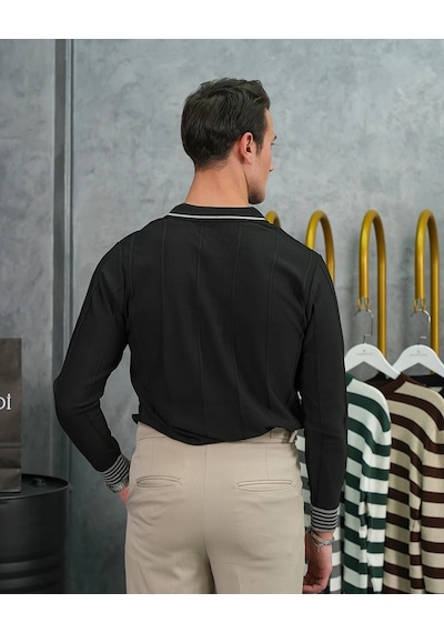 Modefendi Pamuk Likra Slim Fit Bilek Ve Yaka Çizgi Detaylı Yaka Fermuarlı Triko Kazak Siyah Modefendi Pamuk Likra Slim Fit Bilek Ve Yaka Çizgi Detaylı Yaka Fermuarlı Triko Kazak Siyah