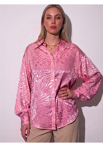 Pera Moda Jakarlı Oversize Uzun Şık Kadın Gömlek Pembe