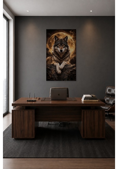 Tam Renk Premium Seri Altın Dolunay Kurt Alfa Kurt Modern Loft Dekoratif Kanvas Duvar Tablosu Çok Renkli