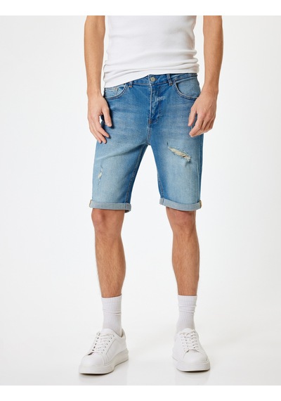 Koton Slim Fit Kot Şort Bermuda Katlama Paçalı Düğme Detaylı Petrol 4sam40027ıd Petrol