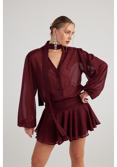 Holly Lolly Simli Kumaş Fırfırlı Mini Vanesa Elbise Bordo