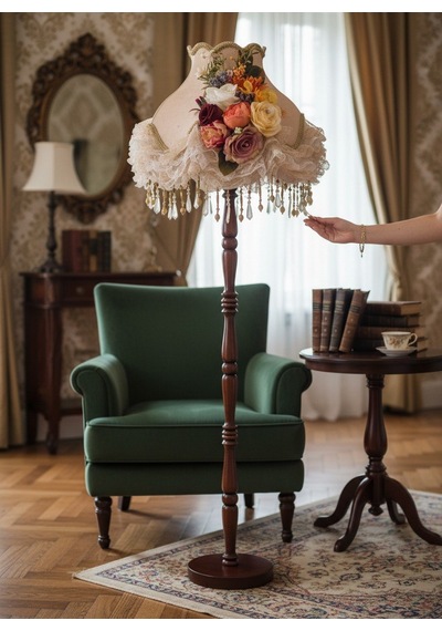 Vizon Kadife Kaplı 3d Çiçek Süslemeli Şık Başlık Ahşap Ayak Klasik Lambader 170x45cm