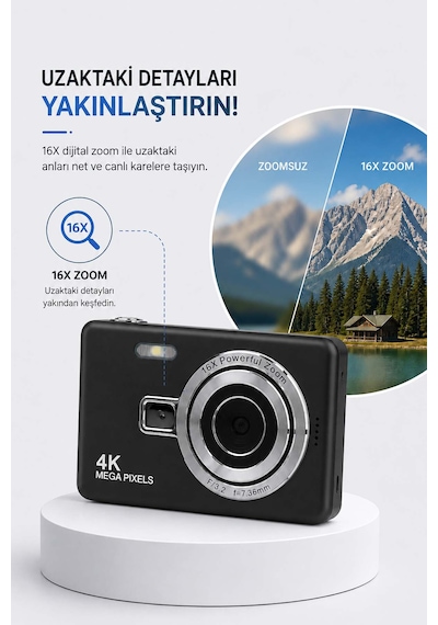Taşınabilir Kompakt Kamera - 16x Dijital Zoom & Dahili Flaş Siyah