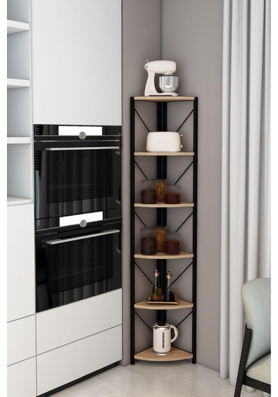 Datça 6 Raflı Metal Köşe Kitaplık Rafı Dekoratif Aksesuar Rafı 180 Cm Meşe Ceviz