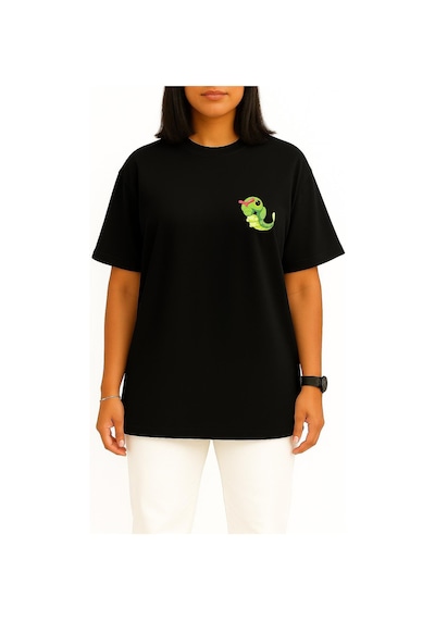 Bahriyeli Collection Oversize Caterpie Cep Baskılı Unisex T-shirt Siyah