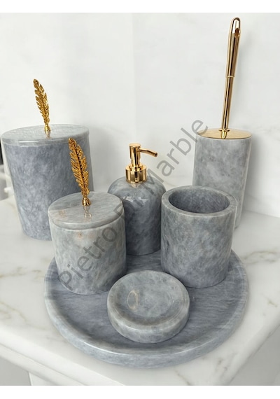 Gri Mermer Klasik Model 7 Parça Gold Renk Kuş Tüyü Aksesuarlı Banyo Seti Gri