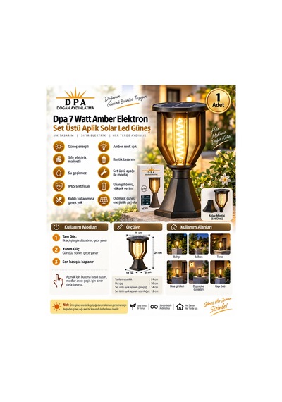Dpa 7w Amber Elektron Set Üstü Solar Led Güneş Enerjili Şarjlı Armatür Lamba 2000k 190lm Ip65