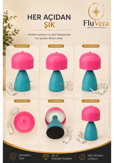 Retro Masa Lambası Pembe Turkuaz Dekoratif Abajur Kablolu Açma Kapama Anahtarlı Çok Renkli