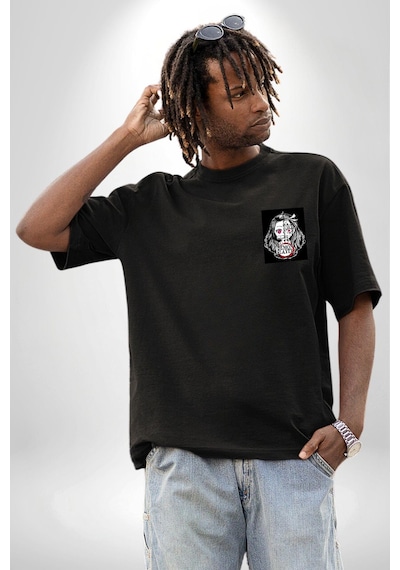 Anime Demon Slayer Siyah Oversize Unisex Ön Sol Yan Minimal Baskılı Tişört Koyu Siyah