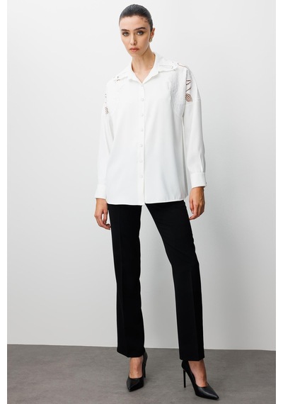 Moda İlgi Kadın Nakış Detaylı Oversize Gömlek 0095 Ekru Ekru