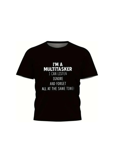 Erkek T-shirt Komik 'multitasker' Baskılı Kısa Kol Tişört - Siyah