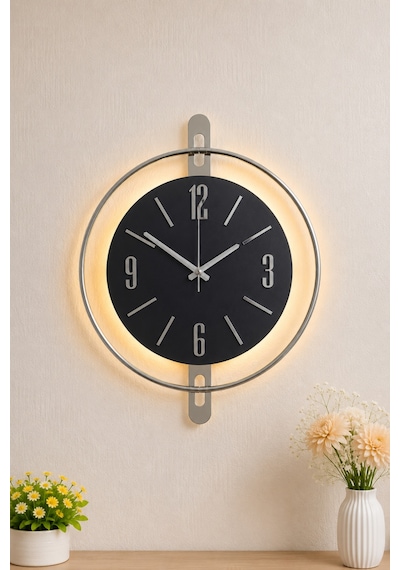 Pey Aksesuar 50x70 Cm Metal Ahşap Ve Işığın Muhteşem Uyumu Duvar Saati Dekoratif Metalik