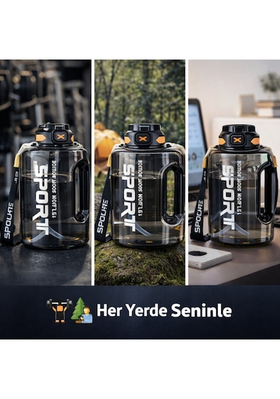 Polham 2 Litre Sporcu Su Matarası Pipetli Açılır Kapak,taşıma Askılı,sızdırmaz Tasarım, Bpa İçermez Siyah