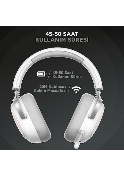 Retsu Kablosuz Oyuncu Kulaklığı, 2.4g + Bluetooth 5.3, 50 Mm Sürücü, Rgb Aydınlatma, Mikrofonlu, Protein Deri Ve Kumaş Earpad, Pc/ps4/ps5/mobil Beyaz/gri