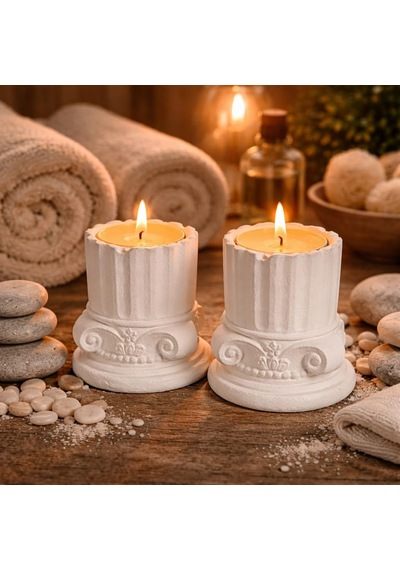 Antik Roma Sütun Tealight Mumluk Seti, Beyaz, Taş Tozu, 10 Cm, Vintage Stil, 2'li Set Diğer