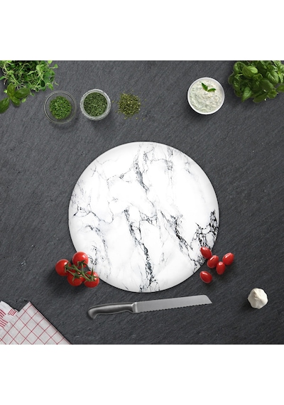 Decorita Beyaz Mermer Görünümlü Cam Kesme Tahtası Çap 32 CM