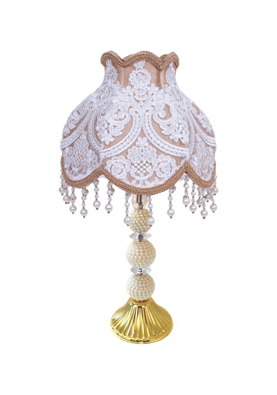 Koyu Gold Kadife Fransız Dantel Başlık İncili Gold Metal Ayaklı Klasik Abajur 50x25cm
