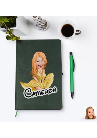 Kişiye Özel Marilyn Monroe Karikatürlü Yeşil Termo Deri Defter Ka