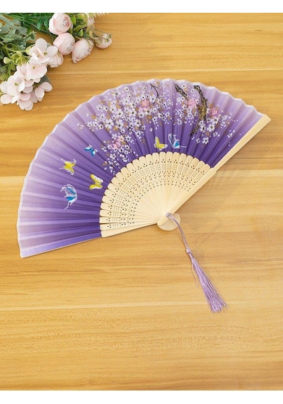 Beluga Yelpaze Bambu Vintage Mor Kelebekli Bahar Dalı Desenli Şık Püsküllü Japon Yelpaze 0419