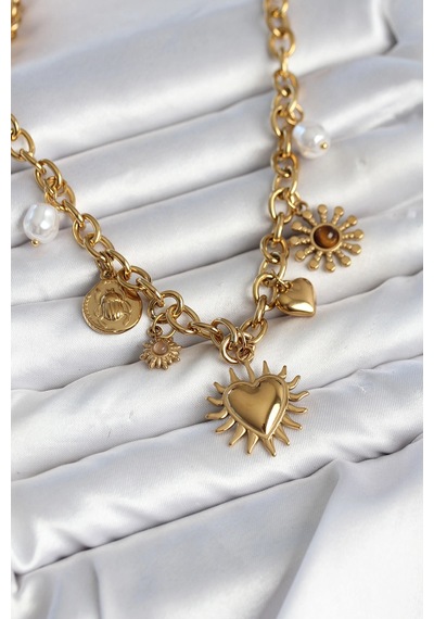 Bay 316l Çelik Gold Renk Charmlı Model Kadın Kolye Najmaddin Standart