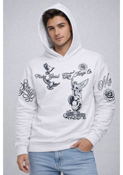 Erkek 3 İplik Pamuklu Kapüşonlu Baskılı Sweatshirt Hoodie - Beyaz