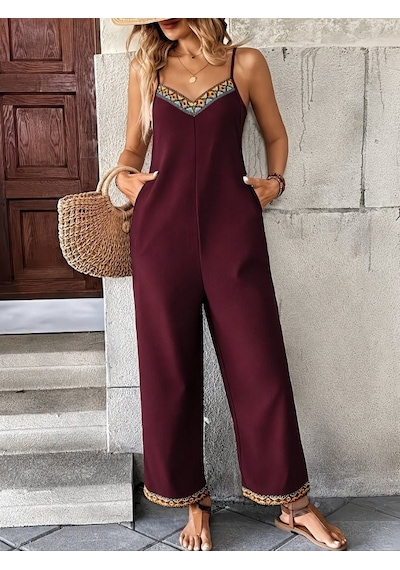 Efnaz Style Kadın Ip Askılı V Yakalı Etnik Serit Desenli Cep Detaylı Janjan Krep Tulum Bordo Efnaz Style Kadın Ip Askılı V Yakalı Etnik Serit Desenli Cep Detaylı Janjan Krep Tulum Bordo