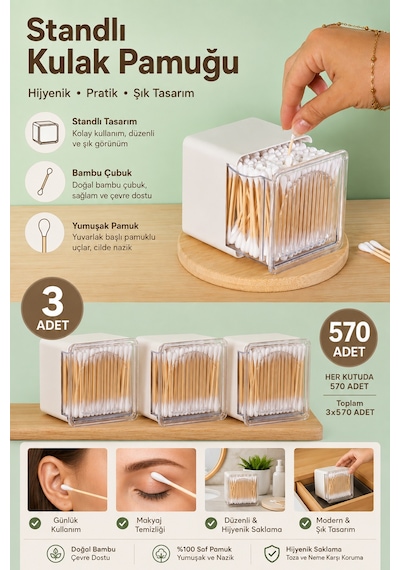 Porsima 3134 Doğal Ahşap Bambu Saplı Standlı 3lü Kulak Temizleme Çubuğu Seti- 570 Adet