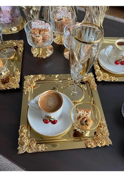 6'li Kahve & Çay & Sunum Tepsisi Metal Döküm Gül Model Gold Çok Renkli