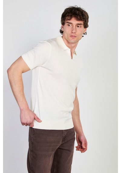 Barrels And Oıl Erkek Polo Yaka V Patlı Triko T-shirt - Ekru Ekru