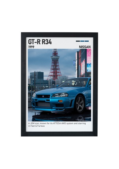 Nissan R34 Gt R Ahşap Çerçeveli Poster Tablo Skyline Ikonik Tasarım Siyah