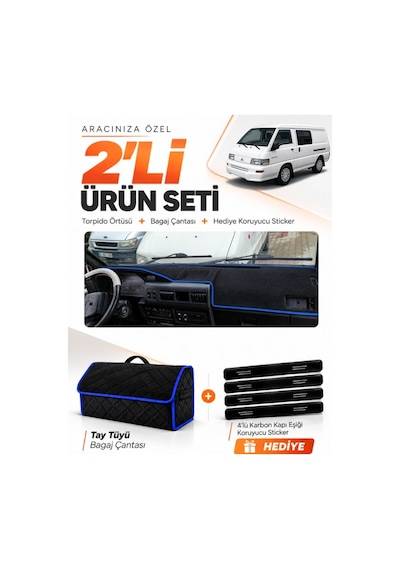 Mıtsubıshı L300 2000-2010 Uyumlu Torpido Örtüsü + Tay Tüyü Bagaj Çantası + Sticker - Siyah Mavi
