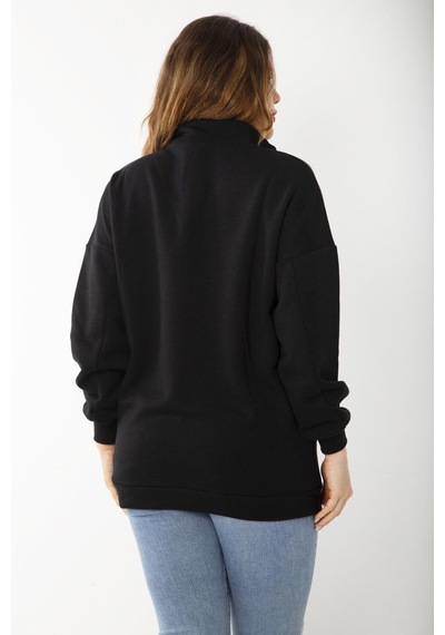 Şans Kadın Büyük Beden Siyah İçi Şardonlu Ön Pat Fermuarlı Nakışlı Sweatshirt 65n37207-siyah Siyah