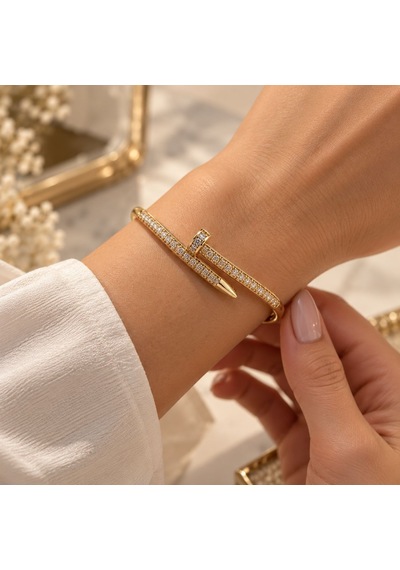 Zirkon Taşlı Çivi Kelepçe Bilezik - 316l Paslanmaz Çelik Gold Kadın Bileklik 86936693