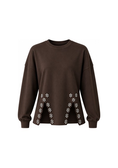 Laluvia Kahverengi Taş İşlemeli Sweatshirt - 261010