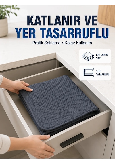 Mutfak İçin Su Emici Kurutma Matı Bardak, Tabak Ve Kase Kurutma Matı Lacivert