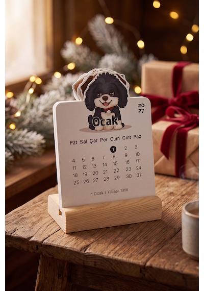 Ahşap Standlı Özel Kesim Siyah Köpek Tasarımlı 2027 Masaüstü Takvimi 8,5x12 Cm - Sevimli Yeni Yıl Hediyesi Çok Renkli