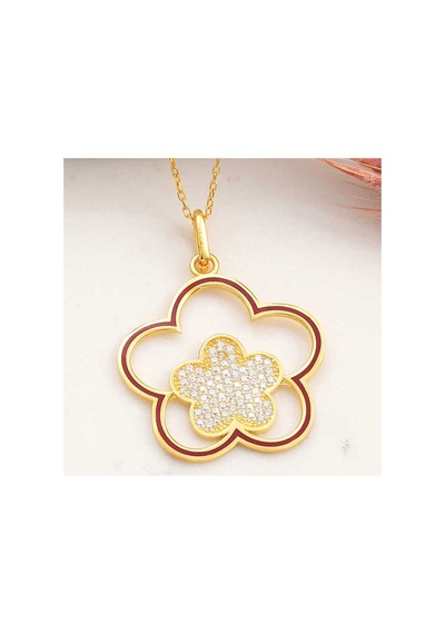 Gümüş Gold Çiçek Desenli Kadın Kolye Gümüş Gümüş